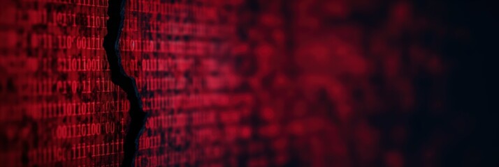 This image features a dramatic cracked surface overlaid with a vivid red binary code background, representing themes of technology, data, and digital disruption.