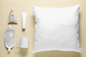 Different blank items for branding on beige background, flat lay. Mockup for design