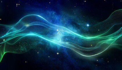 Obraz premium abstract cosmic nebula with glowing blue and green wave particles and glittering stardust