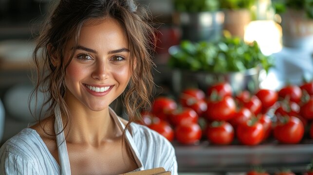 Smiling woman with tomatoes, greens, apron, in a bright, fresh market setting