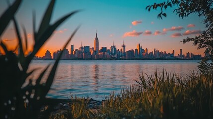 Fototapeta premium Sunset skyline view of city urban landscape tranquil waters nature and architecture contrast