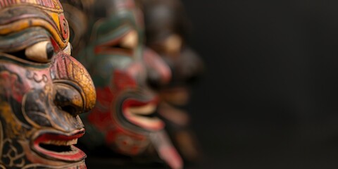 An artistic display of intricately designed traditional masks that reflect the rich cultural heritage and craftsmanship of a specific ethnic group or region.