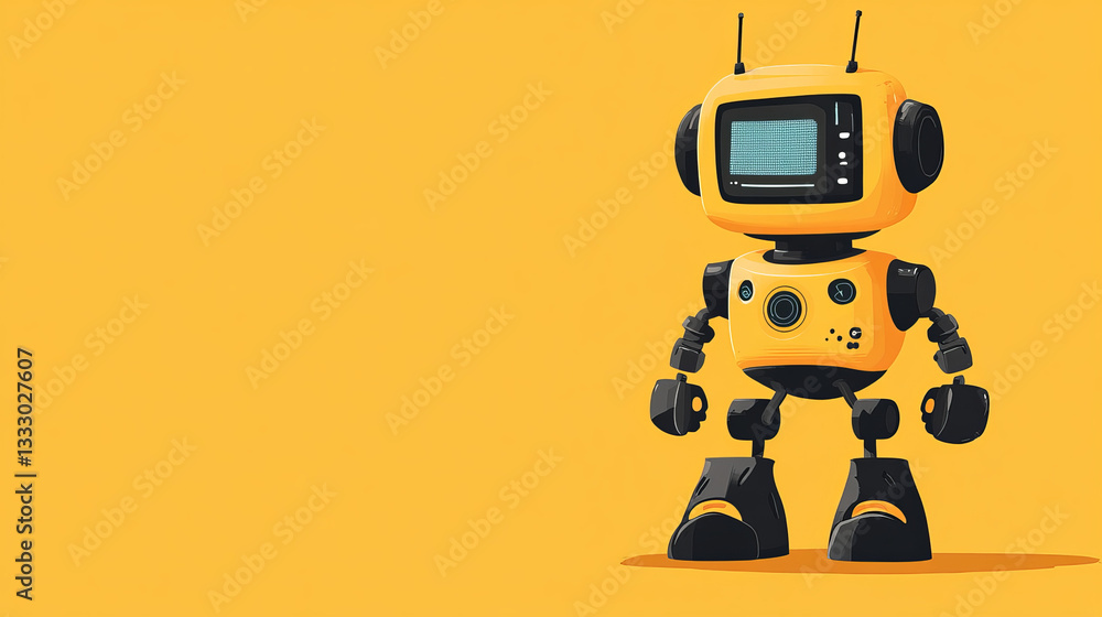 Poster yellow friendly robot standing with a screen on its chest and black boots, featuring a minimalist fl