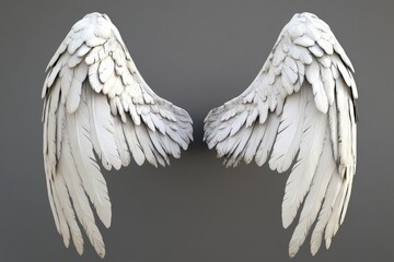 Obraz premium Two white feathered wings displayed against a neutral gray background