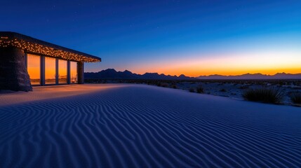 Desert sunset, modern house