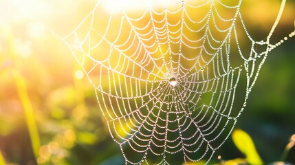 A spiderweb covered in dew drops is backlit by the morning sun, creating a shimmering effect against a blurred green and yellow background.