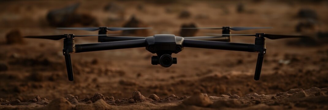 A sleek, modern drone hovering above a rugged and arid landscape, representing advancements in technology and the exploration of remote areas for photography and data collection.