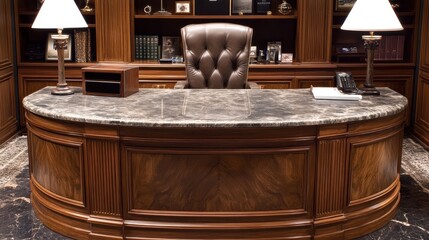 Classic Italian-style boss desk with a marble slab top and handcrafted wooden structure