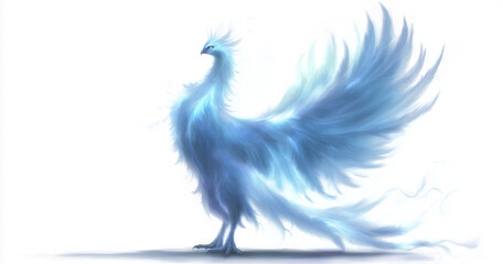 Obraz premium Illustration of a majestic blue phoenix with flowing feathers on a white background art piece