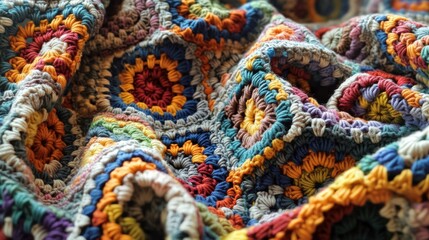 Granny square crocheted blanket with different colors motives, retro vintage craft handmade handiwork crocheting, beautiful plied photo cozy winter or autumn background wool thing yarn lovely warm