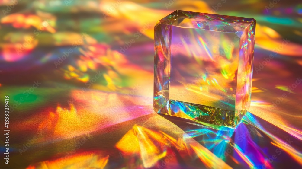 Poster crystal prism refracts light into colorful patterns.
