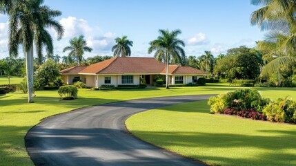 Serene suburban house surrounded by lush greenery and palm trees on a sunny day