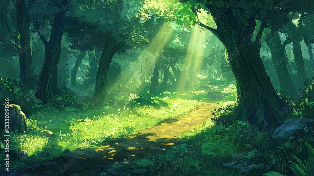 Poster a serene forest scene with sun rays filtering through the trees, illuminating a winding path covered