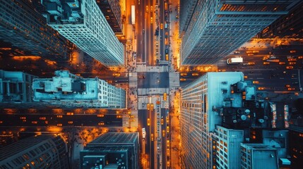 Aerial view of busy urban intersection cityscape photography nighttime high angle urban life