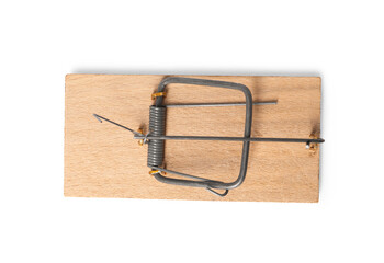 Spring-loaded bar mousetrap isolated on white, top view