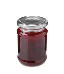 Delicious strawberry sauce in glass jar isolated on white