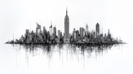 Obraz premium Urban skyline illustration city art print monochromatic aerial view modern architecture concept
