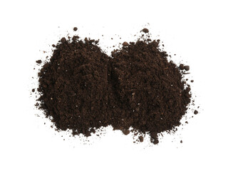 Piles of fresh soil isolated on white, top view