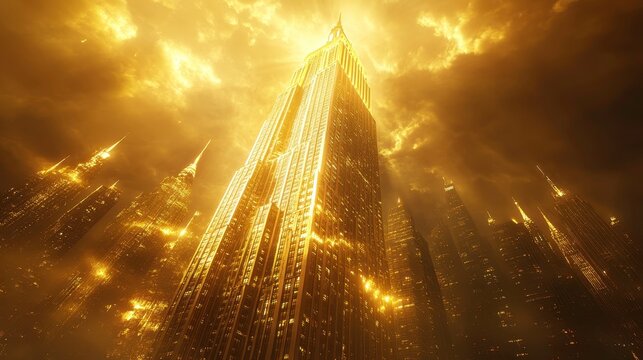 Majestic golden skyscraper illuminates city skyline urban landscape futuristic architecture dramatic atmosphere