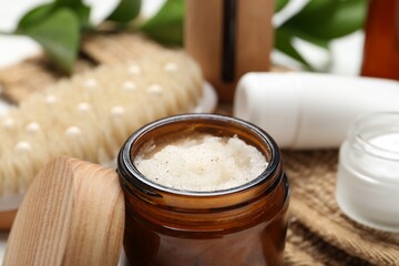 Different body care products on table, closeup