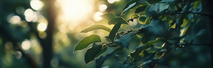 Sunlight filters through lush green leaves in a serene forest setting, creating a tranquil and enchanting atmosphere.