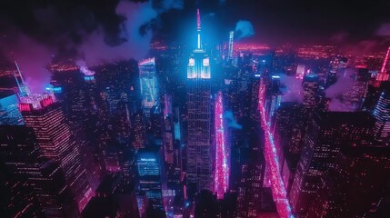 Obraz premium Vibrant nightlife skyline exploration city aerial view urban environment futuristic concept