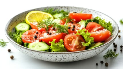 Fresh, vibrant vegetable salad with tomatoes, cucumbers, and lettuce.  A light and healthy meal, garnished with fresh herbs, lemon, and seasonings