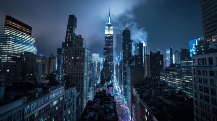 Obraz premium Nighttime skyline photography of the in city urban landscape dramatic view