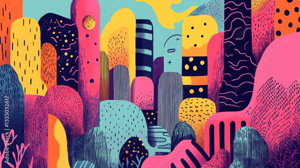 Poster crafted layered graphics. whimsical and colorful layers creating a playful and eye-catching abstract