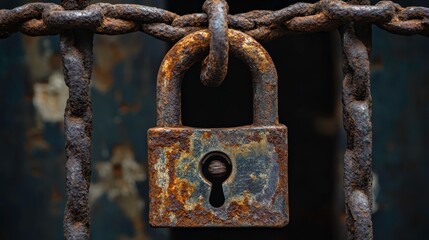 Locked padlock on rusty chain industrial setting close-up photography grunge environment macro view security theme