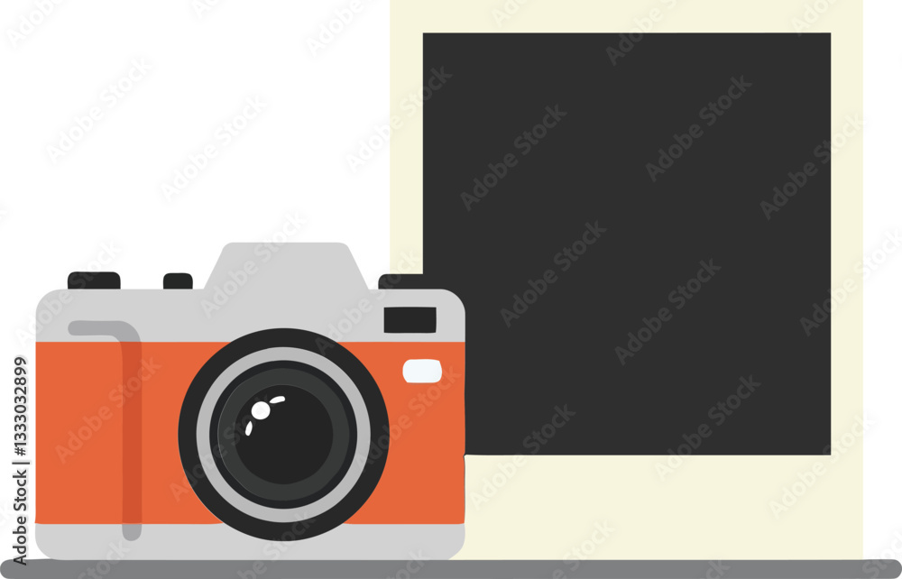 Poster retro-styled camera and laptop arranged on a flat surface showcasing minimal design aesthetics in ve