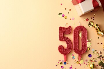50th birthday. Number shaped candles, gift box and confetti on beige background, flat lay. Space...