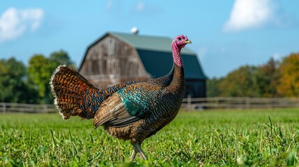 Fototapeta premium Wild turkey struts proudly in front of rustic barn scenery and clear sky
