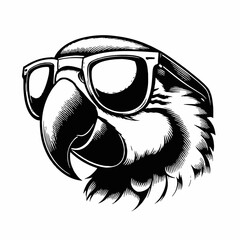 Cool Parrot Head Wearing Sunglasses in Black and White Vector Illustration