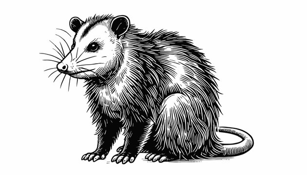 Detailed Black and White Line Art Drawing of a Sitting Opossum Vector Illustration