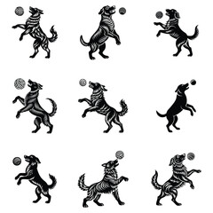 Dog jumping to catch a ball, Dog vector black silhouette illustrations