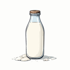 Glass bottle of milk with spilled dairy product. Vector image