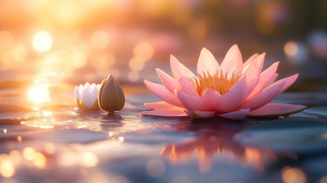 Pink lotus flower blossoms on water at sunrise