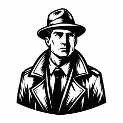 Monochrome Vector Illustration of Detective Wearing Hat and Coat