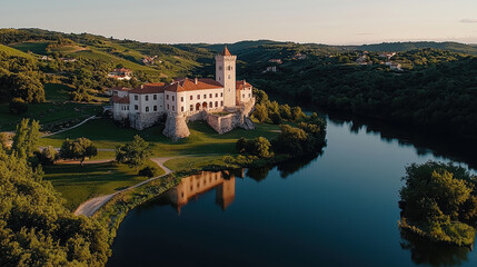 Obraz premium A riverside castle reflects in the calm water, nestled among green hills, exuding historical charm and natural serenity.