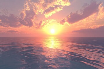 Sunset over a calm sea.  Golden hues paint the sky and reflect on the water's surface