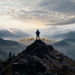 Conquering peaks adventurer overlooks futuristic cityscape mountain range digital art atmospheric inspirational