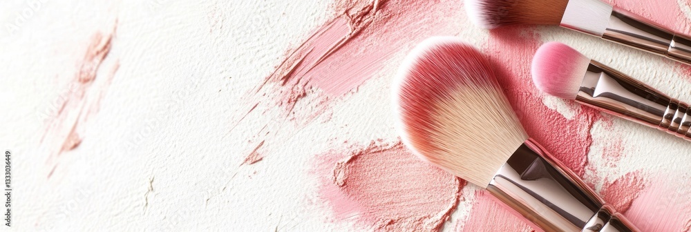 Poster Makeup brushes arranged with gentle blush strokes on a soft pastel background creating an artistic minimalist design Generative AI