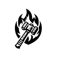 Hammer Icon with Fire Flame in Vector Illustration on White Background