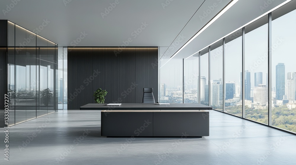 Poster minimalist workspace setup featuring a high-end single executive desk