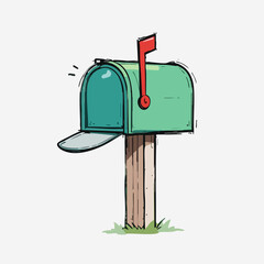 Cartoon Mailbox on Wooden Post. Vector image