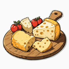 Cheese and Tomatoes on Wooden Board. Vector image