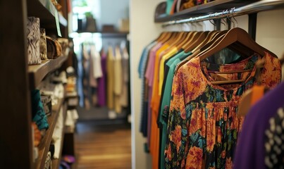 Obraz premium Clothing store aisle filled with colorful fashion.