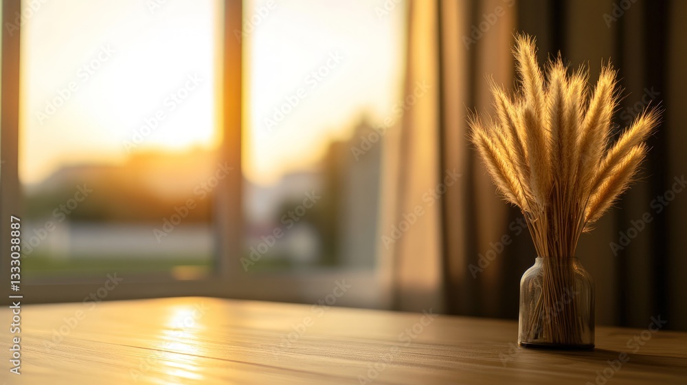 Poster sunlight streams through a window, illuminating a simple vase of dried grass