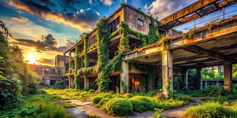 Abandoned Park Building, Urban Exploration, Decaying Architecture, Hidden Cityscapes, Surreal Photorealistic